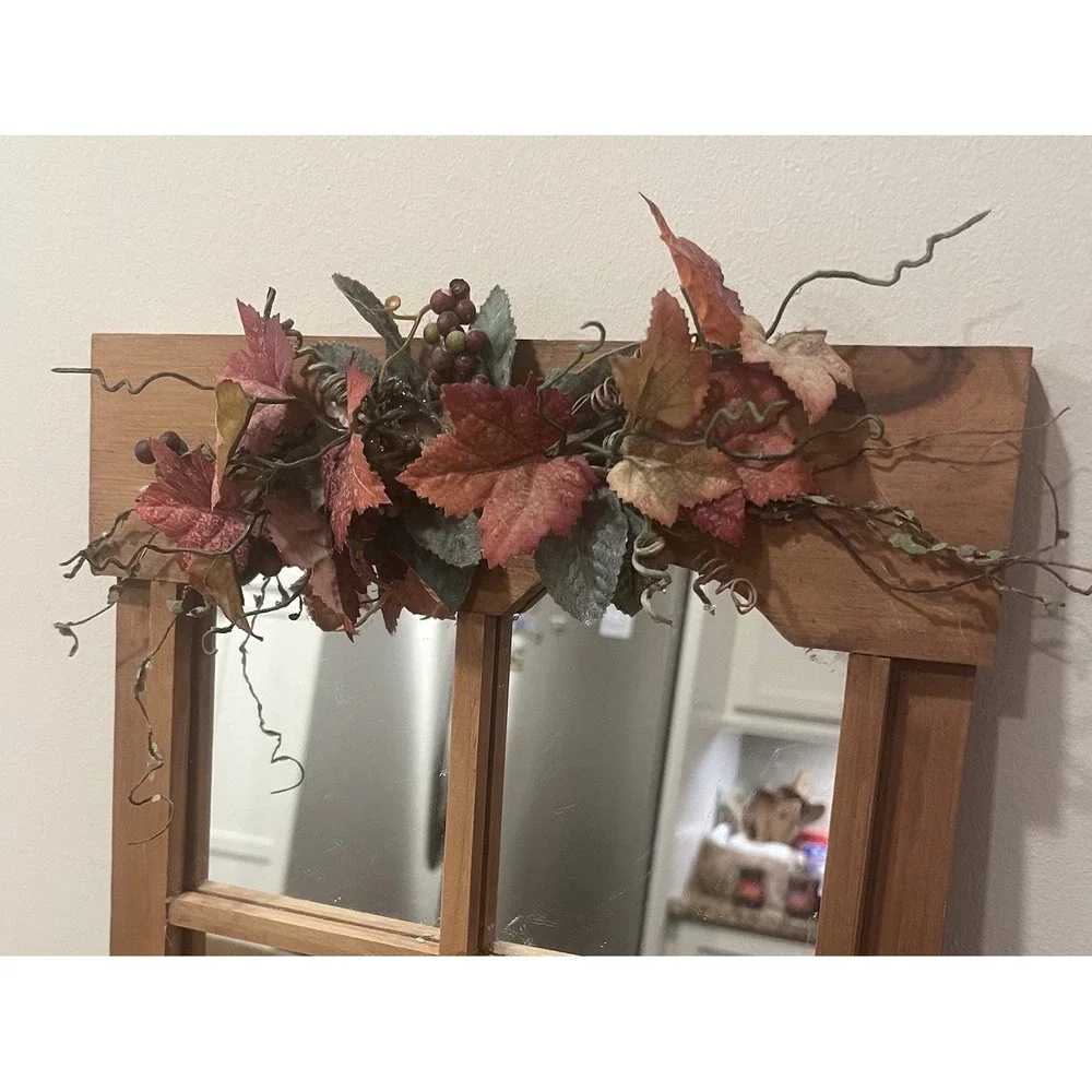 VTG Wood Wall Mirror Shelf Fall Autumn Leaves Berries Primitive Farmhouse Decor